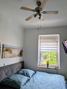 a bedroom with a ceiling fan and a window at Chez D&D Plus in Eschweiler