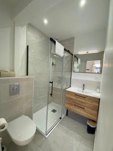 a bathroom with a shower and a toilet and a sink at La Maison Blanche 1 in Bouguenais +234 photos