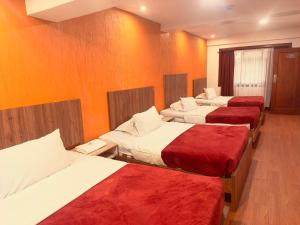 three beds in a room with orange walls at Hostal NIZZA in Cuenca +17 photos