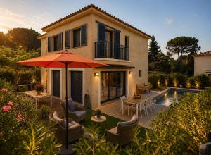 a house with an umbrella next to a swimming pool at VillaGassin 380 Luxury Villa with Private Pool near Saint-Tropez - Airco-Parking in Saint-Tropez