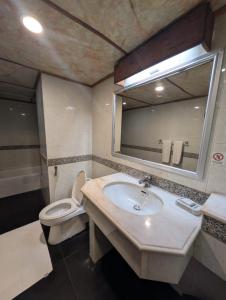 a bathroom with a sink and a toilet and a mirror at Hotel Galaxy in Karachi