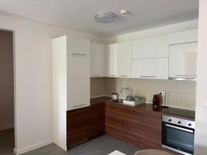 a kitchen with white cabinets and a sink at Panamera Luxury Apartment Ilidža in Sarajevo