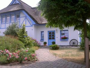 a blue and white house with flowers in the yard at Ferienhaus Diekelmann _ Objekt 258 in Diedrichshagen