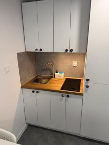 a kitchen with white cabinets and a sink at Piankowe mini-apart in Rewal