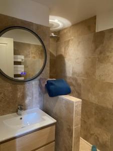 a bathroom with a sink and a mirror at Les Gens Heureux Appartement GLAZ in Paimpol +4 photos