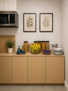 a counter with bowls of food on top of it at Lemon Vibes room in Guesthouse in New York +15 photos