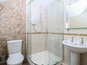 a bathroom with a shower and a toilet and a sink at 4 Bryn Llan in Pwllheli +19 photos
