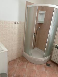 a shower with a glass door in a bathroom at Apartments & Rooms Ribarić in Lovran +33 photos