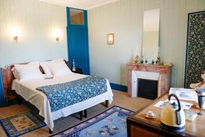 a bedroom with a bed and a fireplace at Château de la Tourlandry in Chemillé