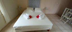 a bedroom with two beds with red and white towels at OCC34 - Capestang - Vigneron in Capestang +22 photos