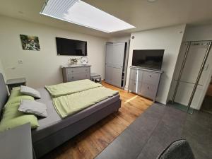 a bedroom with a bed and a flat screen tv at Apartment am Rathaus in Heimbach
