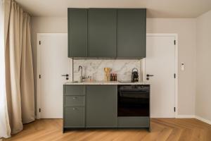 a kitchen with green cabinets and a sink at Leeuwenhof Suites in Antwerp