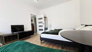 a bedroom with a bed and a table and a tv at Apartament BIELSKA 26 in Płock