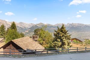 a house with a mountain in the background at Logement spacieux et charmant in Nendaz