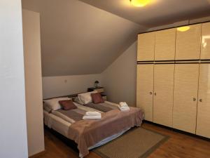a bedroom with a bed and a large closet at Center Grič - sobe, apartma in Sveta Trojica v Slovenskih Goricah