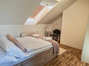 a bedroom with a large bed with a skylight at Center Grič - sobe, apartma in Sveta Trojica v Slovenskih Goricah +3 photos