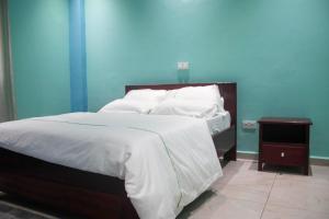 a bedroom with a large bed with a blue wall at Bralph-k in Yaoundé +16 photos