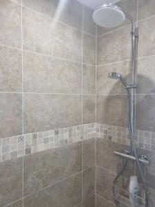 a bathroom with a shower with a tiled wall at Villa cocooning in Palavas-les-Flots +8 photos
