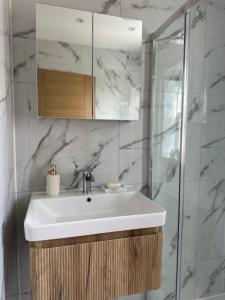 a bathroom with a white sink and a mirror at Northway Apartment's in Oxford +29 photos