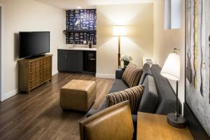 a living room with a couch and a television at Hotel Indigo Boston Garden by IHG in Boston