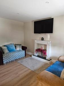 a living room with a couch and a tv on the wall at The old B&B in Killucan