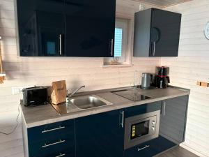 a kitchen with a sink and a microwave at Knobis DreamPlace in Heiligenhafen