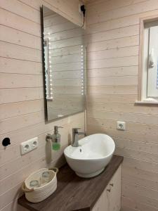 a bathroom with a white sink and a mirror at Knobis DreamPlace in Heiligenhafen
