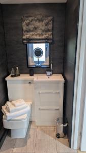 a bathroom with a sink and a toilet and a window at Harestanes Hideaway in Kirkintilloch +2 photos
