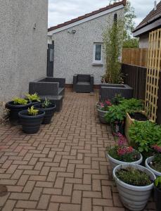 a patio with a bunch of pots of plants at Harestanes Hideaway in Kirkintilloch