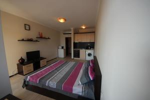 サニービーチにあるMenada Crystal Park Apartmentsのベッドルーム(大型ベッド1台付)、キッチン