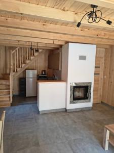 a kitchen and living room with a fireplace at Domek Góra Gbura in Ulucz