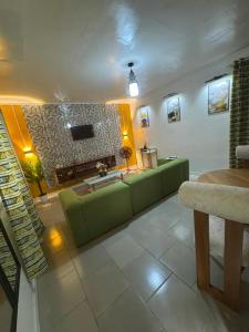 a living room with a green couch and a tv at Angevita City2 in Edéa