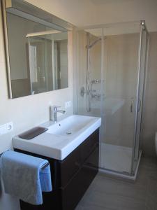 a bathroom with a sink and a shower at Ferienwohnungen Tollhof - Near Bolzano and castles, with a guest card for families and couples, offering panoramic views in Cornaiano +73 photos