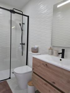 a bathroom with a shower and a toilet and a sink at Casa da Lota in Vieira de Leiria +4 photos
