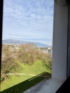 a window with a view of a field of grass at Studio neuf parking proche centre-ville in Chambéry