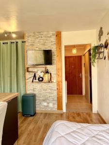 a bedroom with a tv on a brick wall at Studio neuf parking proche centre-ville in Chambéry +6 photos