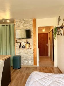 a bedroom with a tv on a brick wall at Studio neuf parking proche centre-ville in Chambéry