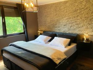 a bedroom with a large bed with two pillows at Empyrean House in Dišnik +57 photos