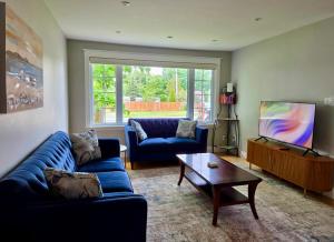 a living room with a blue couch and a tv at Calm on the Crescent in St. John's