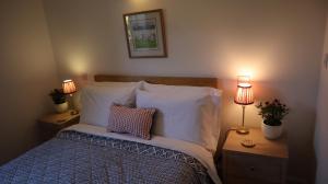 ein Schlafzimmer mit einem Bett, Kissen und zwei Lampen in der Unterkunft Castle Rag in Lydney