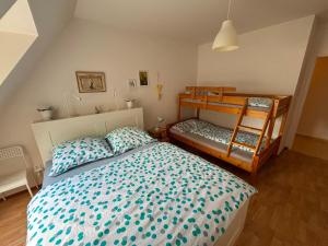 a bedroom with a bed and a bunk bed and a ladder at Apartmán Deštná čp.1 in Deštné v Orlických horách