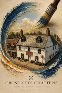 a painting of a house with a bottle of wine at Cross Keys Hotel Chatteris in Chatteris