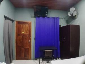 a room with a blue curtain and a wooden door at Madroño Hostel in León