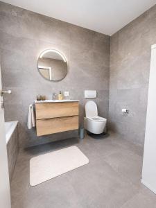 a bathroom with a sink and a toilet and a mirror at La maison IDEL in Yvonand