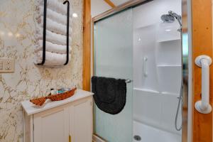 a bathroom with a shower and a sink at Private Dock & Deck: Tranquil Dam Pond Cottage! in Augusta