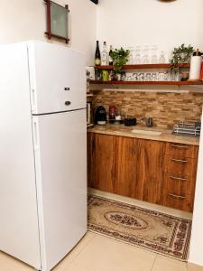 a white refrigerator in a kitchen with wooden cabinets at la noach in Metulla +10 photos
