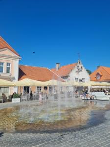 a fountain in the middle of a town with buildings at Campenhausen Apartment in Kuressaare