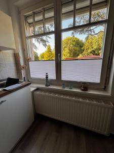 a kitchen with two windows and a radiator at Idylle Ostsee in Buggenhagen +7 photos