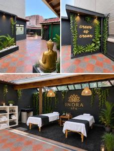 a collage of three pictures of a buddhist temple at Ortega La 33 Hotel y Spa in Medellín