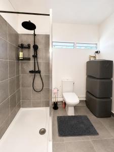 a bathroom with a shower with a toilet and a sink at Reflet Marin - Studio Village Soleil in Le Gosier +4 photos